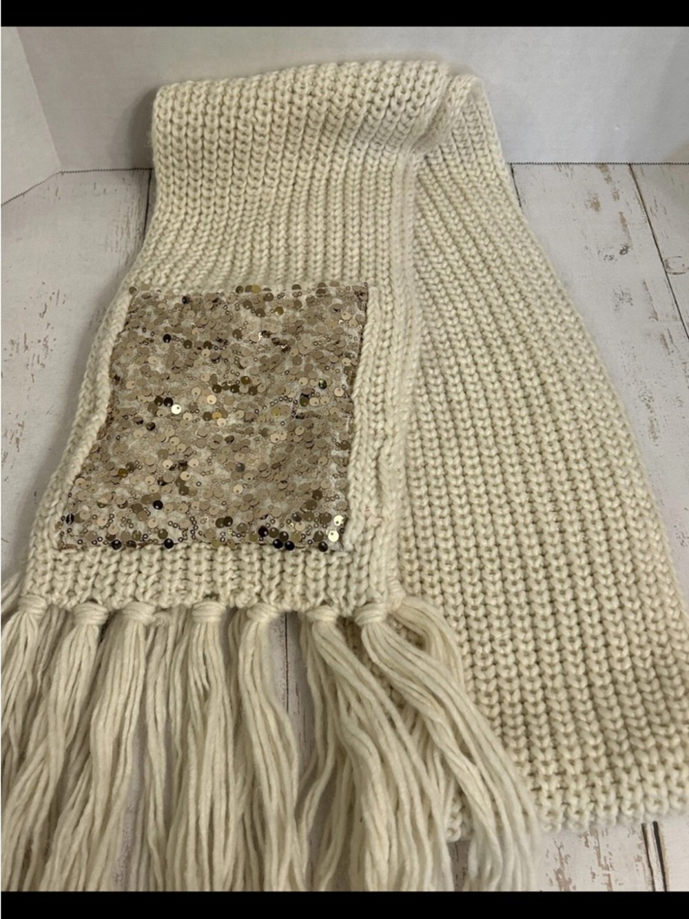Betsey Johnson Cream Knit Scarf with Gold Sequin Patch Pockets Hand warmers